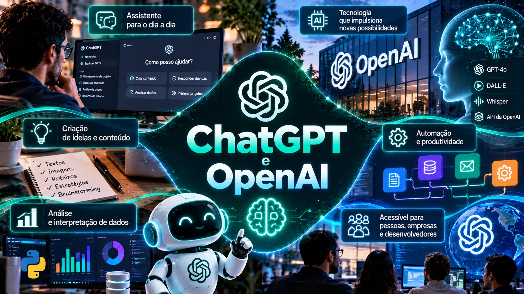 Representação digital de um assistente de inteligência artificial com interfaces de conversação, programação e criação de conteúdo, ilustrando o ecossistema ChatGPT e OpenAI.