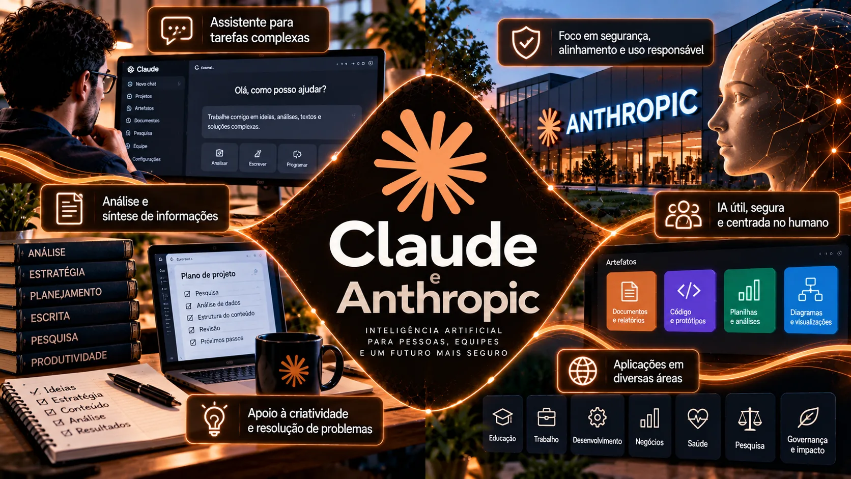 Representação de uma plataforma de inteligência artificial com interfaces de conversação, programação, análise de documentos e produtividade, ilustrando as tecnologias Claude e Anthropic.