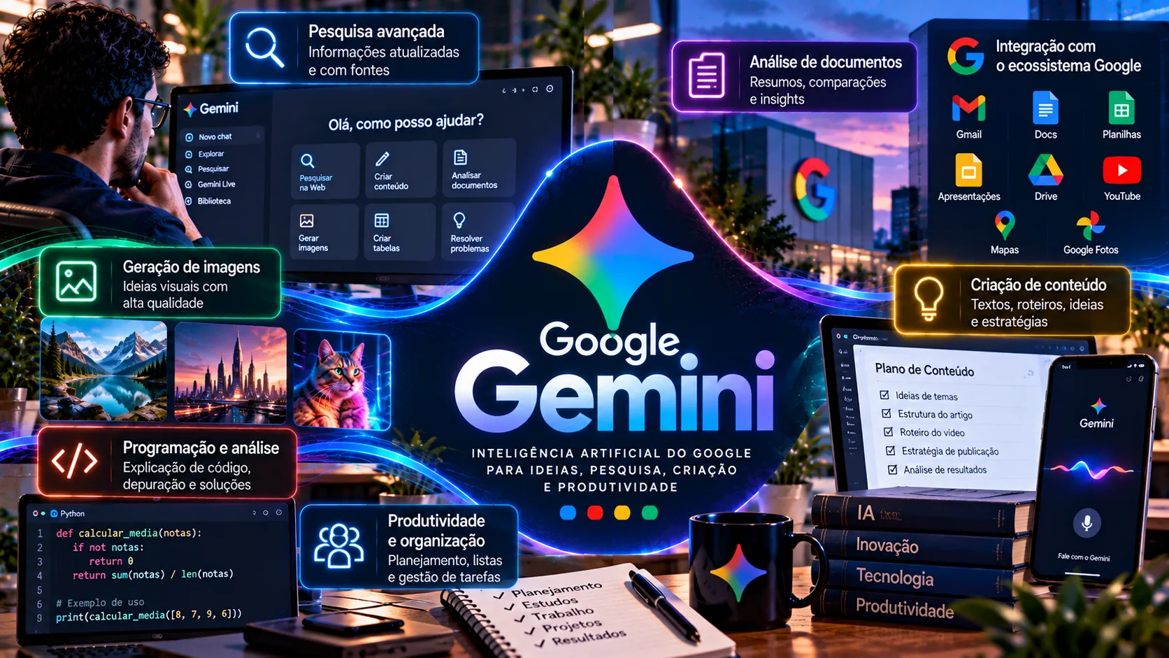 Representação digital de inteligência artificial com interfaces de conversação, pesquisa, produtividade e criação de conteúdo, ilustrando as tecnologias Google Gemini e Google DeepMind.