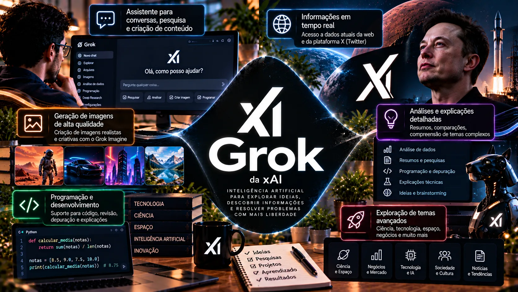Representação digital de inteligência artificial com interfaces de conversação, pesquisa, programação e criação de imagens e vídeos, ilustrando o ecossistema Grok e xAI.