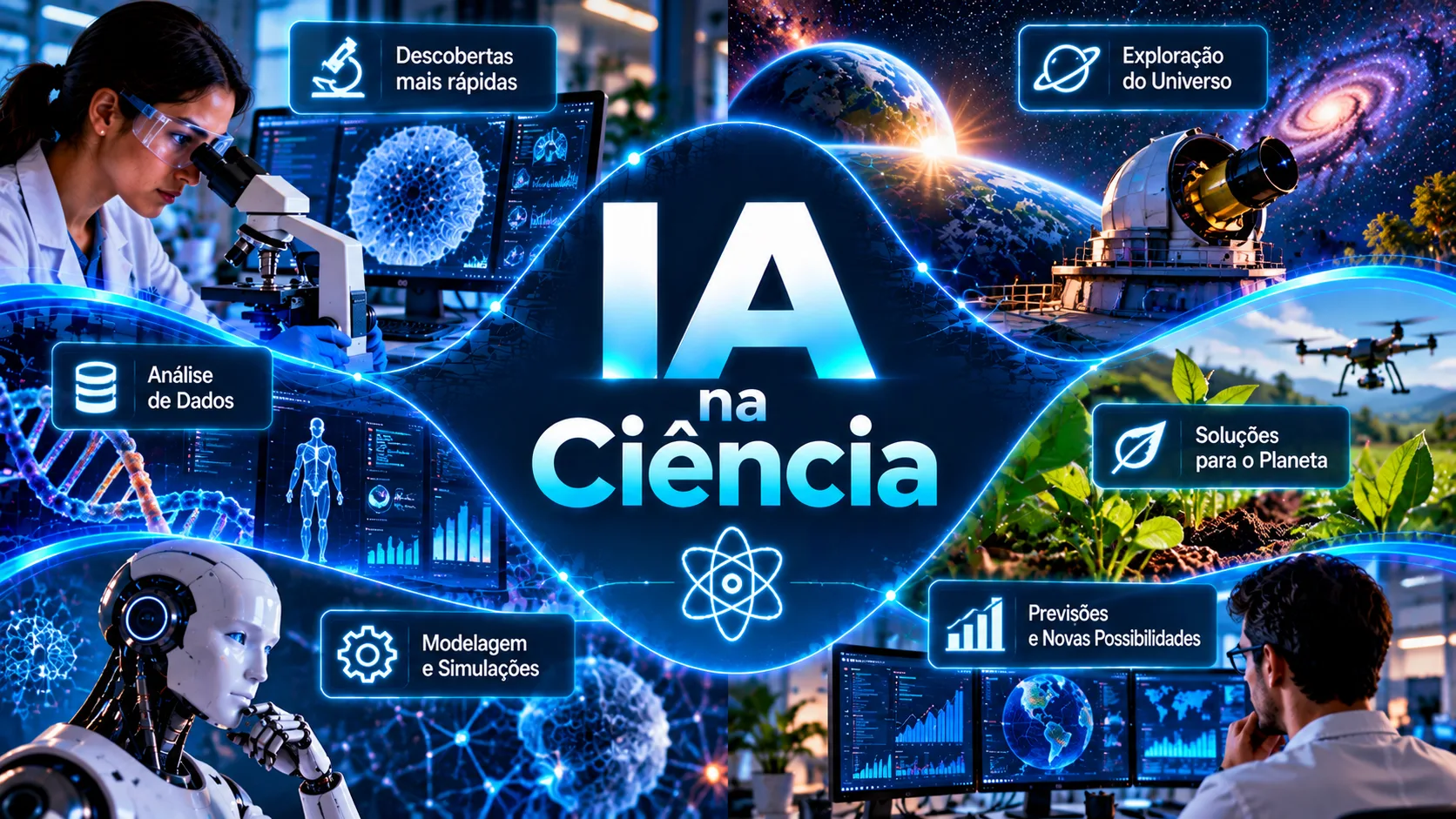 Cientistas utilizando inteligência artificial para analisar dados, estudar estruturas moleculares e explorar descobertas científicas em um laboratório moderno.