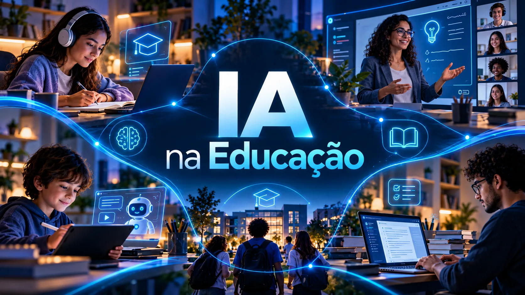 Estudante utilizando inteligência artificial em um notebook para aprender, pesquisar e organizar os estudos, com elementos digitais representando educação e conhecimento.