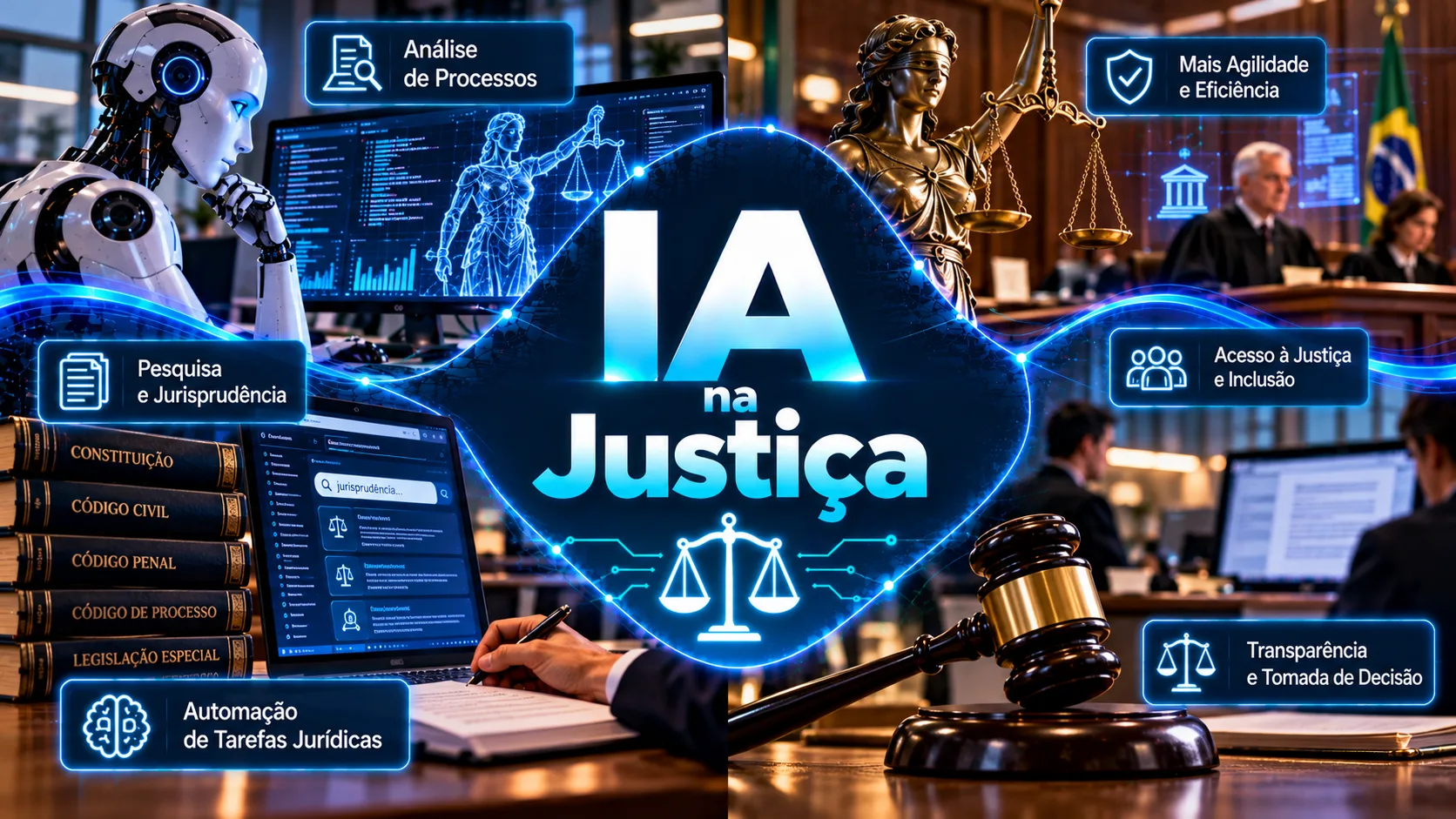 Representação da Justiça com balança simbólica, documentos jurídicos e elementos digitais de inteligência artificial em um ambiente moderno, ilustrando aplicações da tecnologia no Direito.