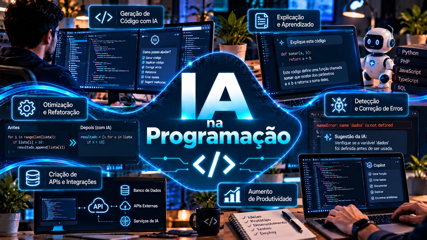 Desenvolvedor utilizando ferramentas de inteligência artificial para criar e analisar códigos de programação em um computador, com elementos digitais representando sites, aplicativos e sistemas.
