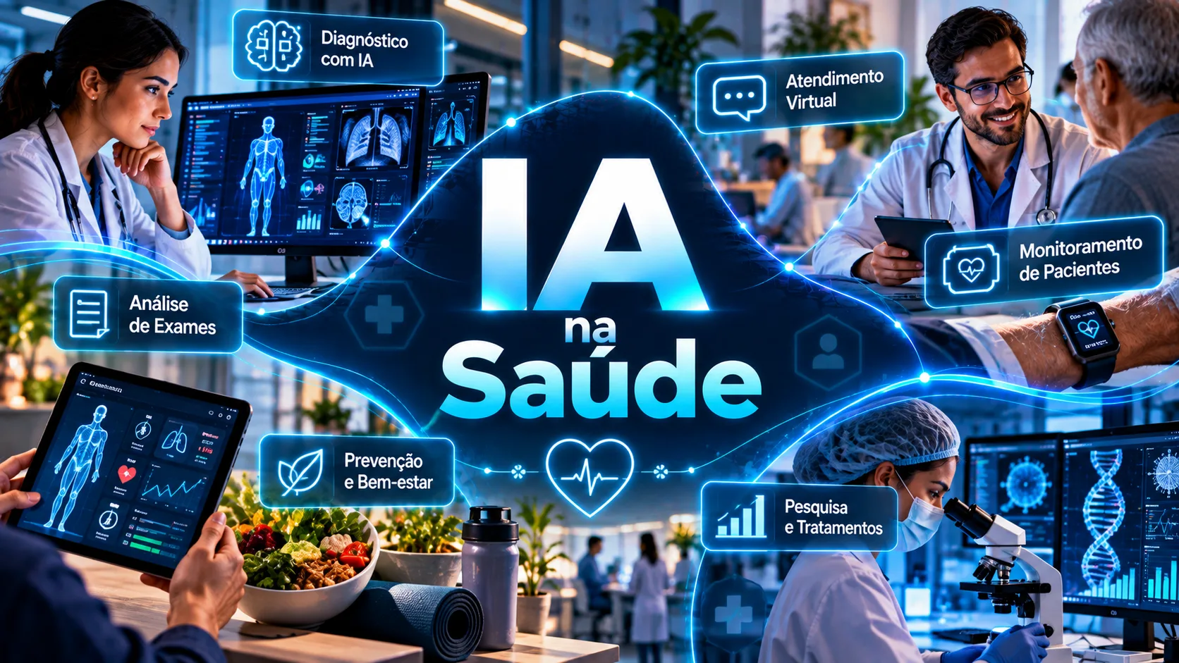 Profissional de saúde utilizando inteligência artificial para analisar imagens médicas e informações clínicas em um ambiente hospitalar moderno.