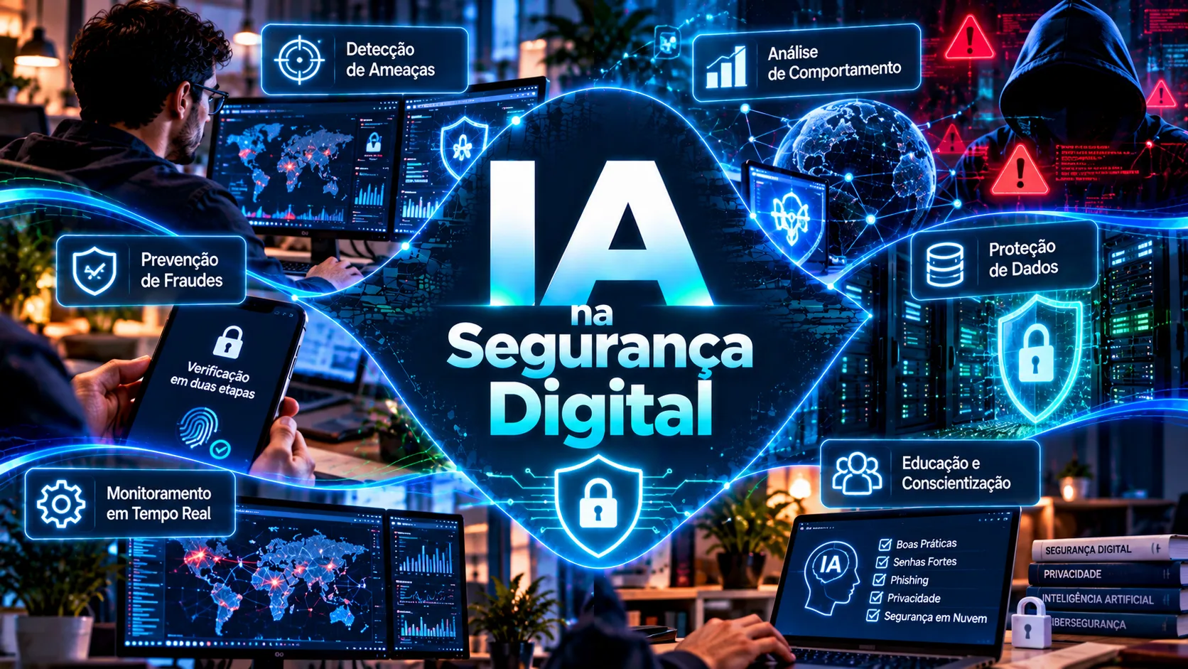 Pessoa utilizando inteligência artificial para identificar ameaças digitais, reconhecer tentativas de fraude e proteger informações pessoais em um computador.
