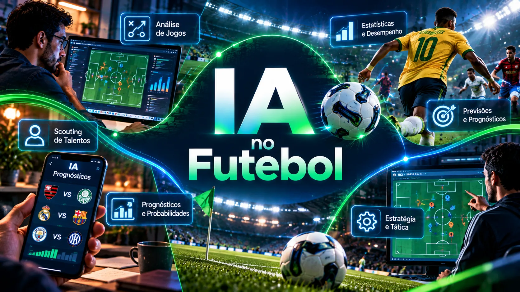 Campo de futebol com jogadores e elementos digitais que representam análise de partidas, desempenho esportivo e aplicações da inteligência artificial.