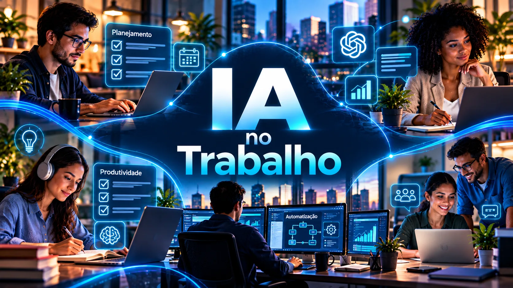 Profissional utilizando ferramentas de inteligência artificial em um computador para organizar tarefas, melhorar a produtividade e facilitar atividades do trabalho.
