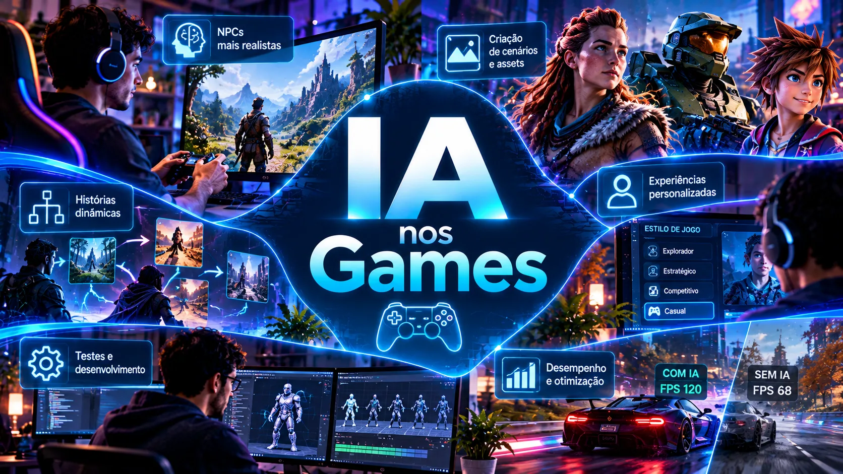 Jogador explorando um universo de videogame com personagens inteligentes e elementos digitais que representam aplicações da inteligência artificial nos jogos eletrônicos.