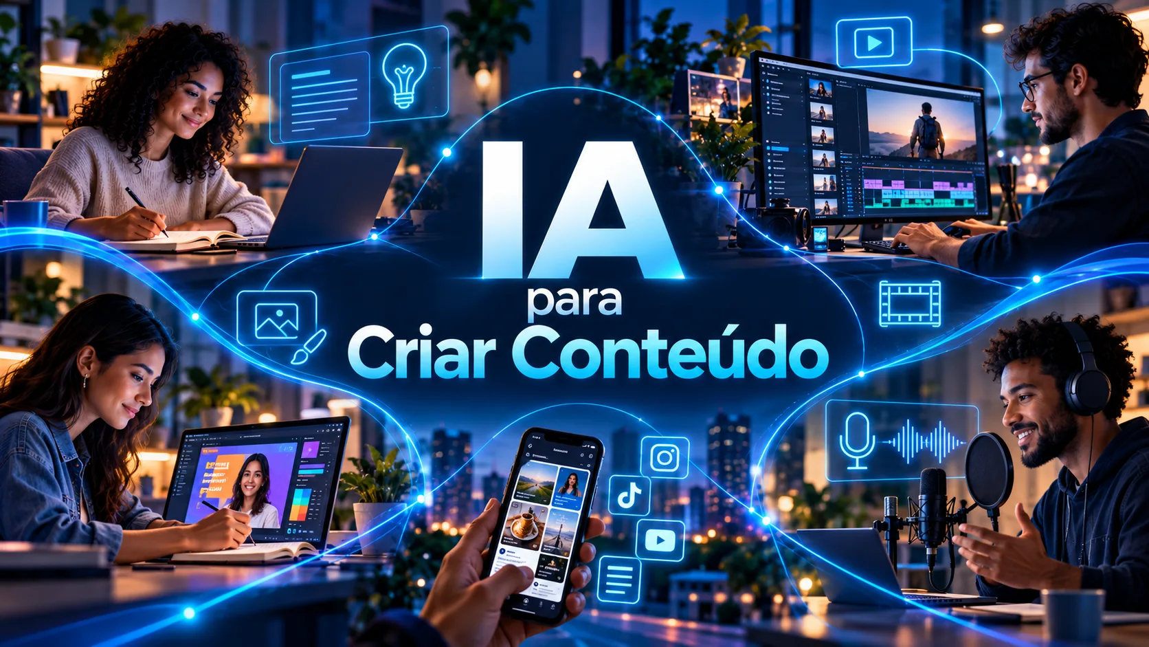 Pessoa utilizando inteligência artificial para criar imagens, vídeos, textos e conteúdos digitais, com elementos visuais representando criatividade e produção multimídia.