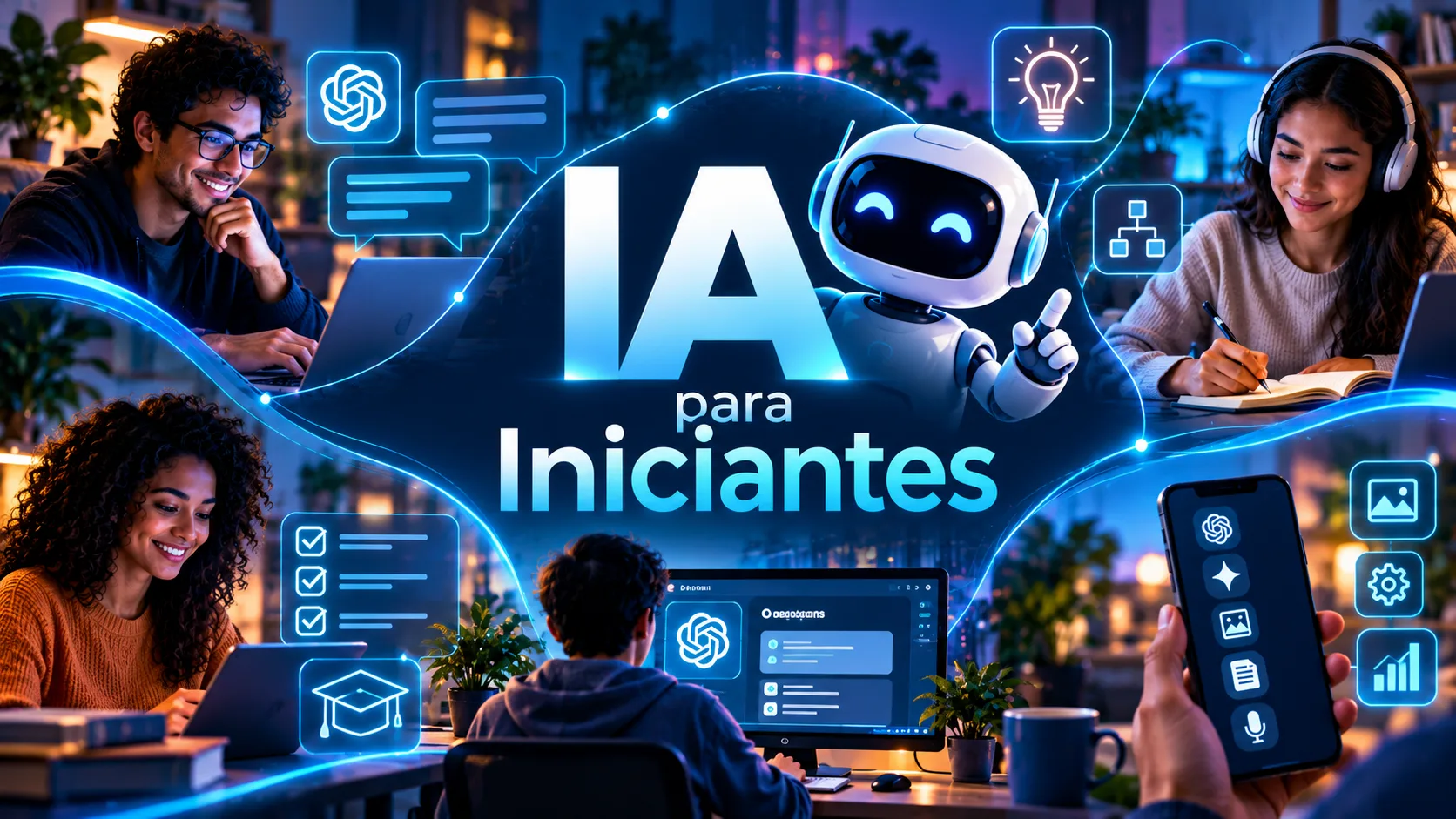 Ilustração de uma pessoa explorando ferramentas de inteligência artificial em um notebook, representando o aprendizado de IA para iniciantes.