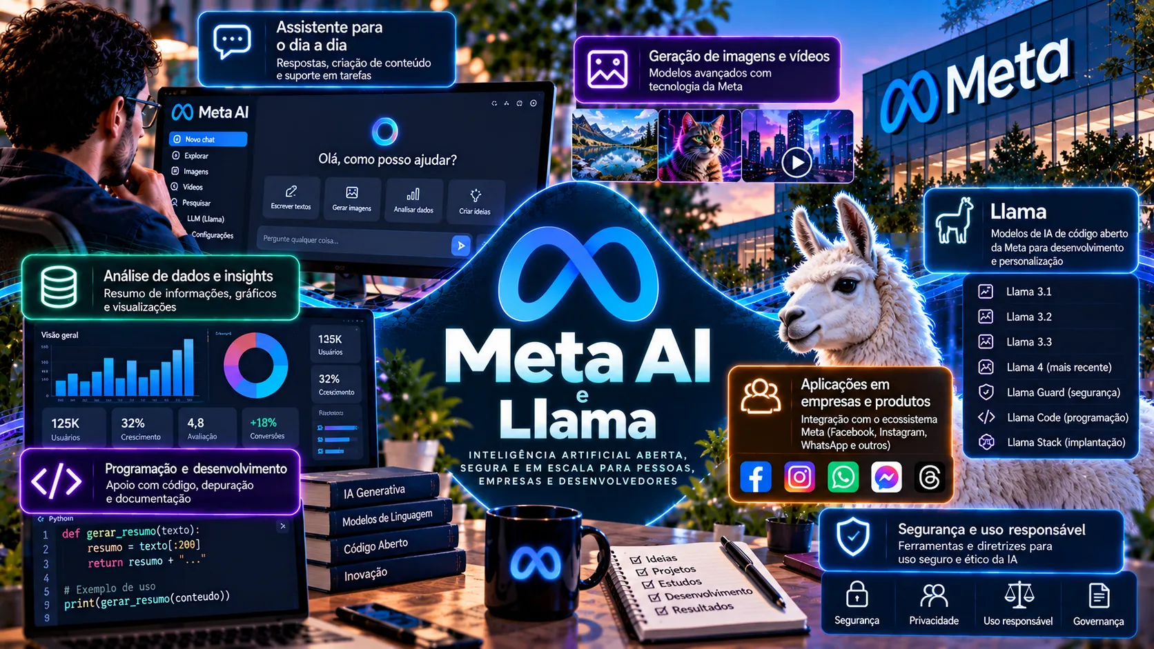 Pessoa utilizando um assistente de inteligência artificial no smartphone, com interfaces digitais de mensagens, redes sociais e conexões tecnológicas, representando o ecossistema Meta AI e Llama.