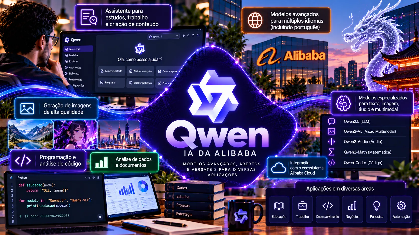Representação digital de inteligência artificial com redes neurais, interfaces de conversação, programação e criação de conteúdo, ilustrando o ecossistema Qwen da Alibaba.