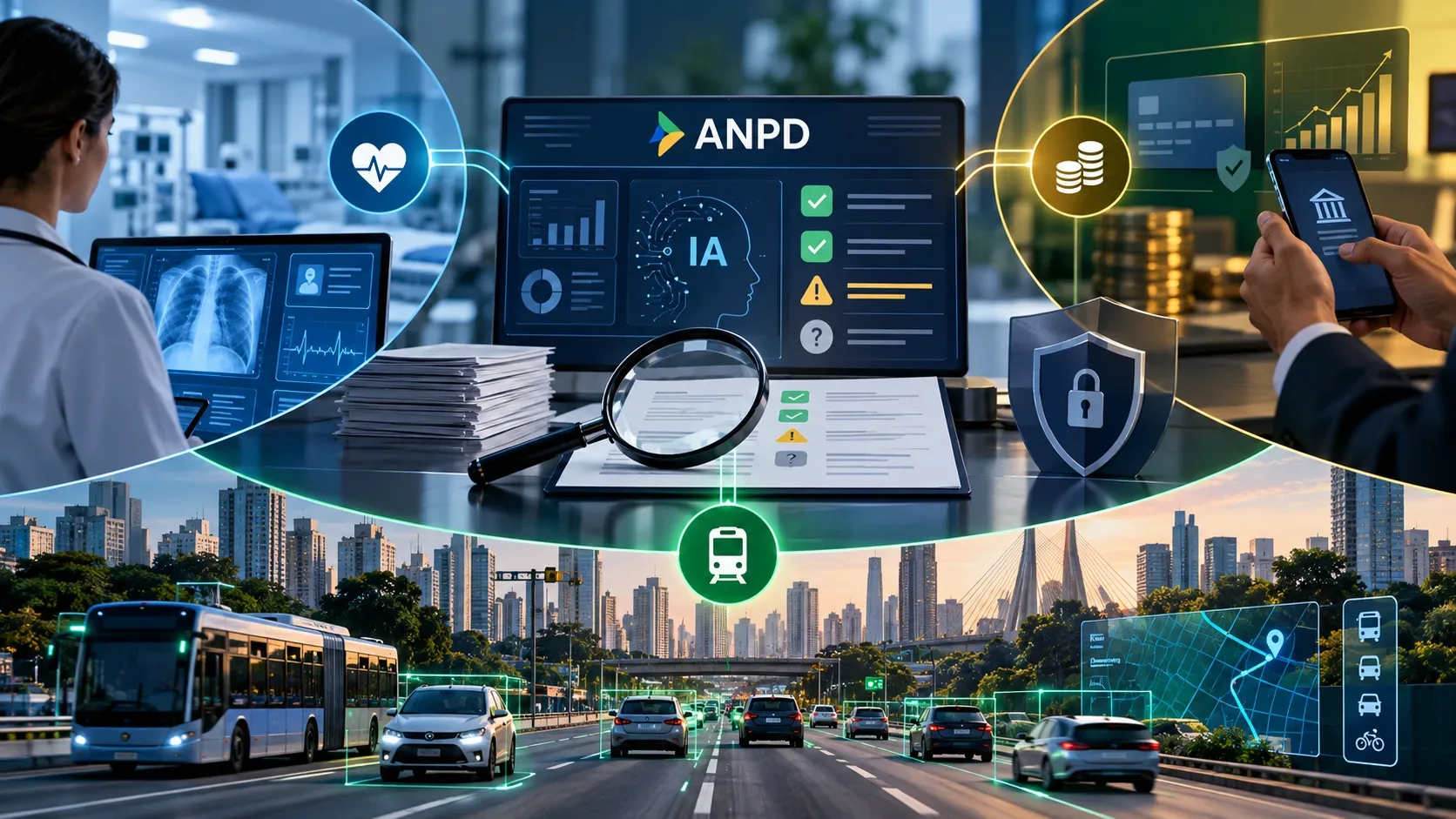 Ilustração de um painel de análise de IA da ANPD com documentos e lupa, ao lado de cenas de hospital, finanças digitais e transporte urbano.