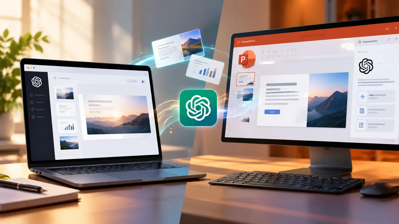 Ilustração de notebook com slides ao lado de monitor com uma apresentação de PowerPoint, ligados por elementos luminosos que simbolizam IA.