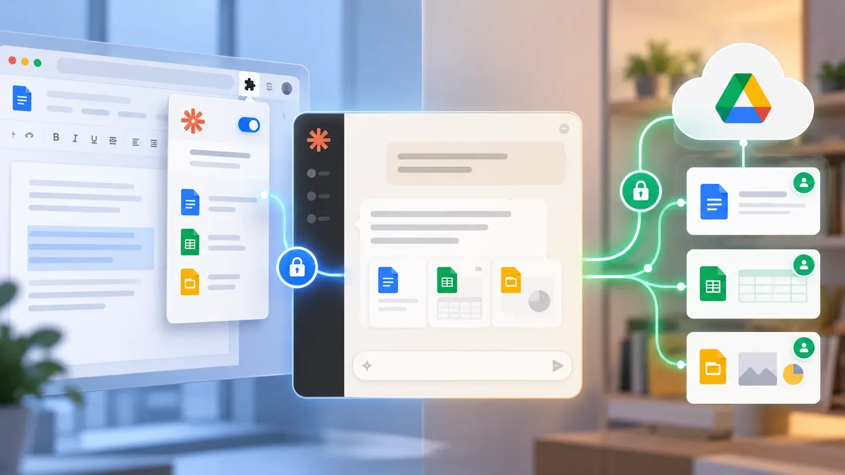 Ilustração de uma janela de documentos com painel lateral à esquerda, chat de IA ao centro e arquivos de documentos, planilhas e apresentações ligados a uma nuvem à direita, com cadeados.