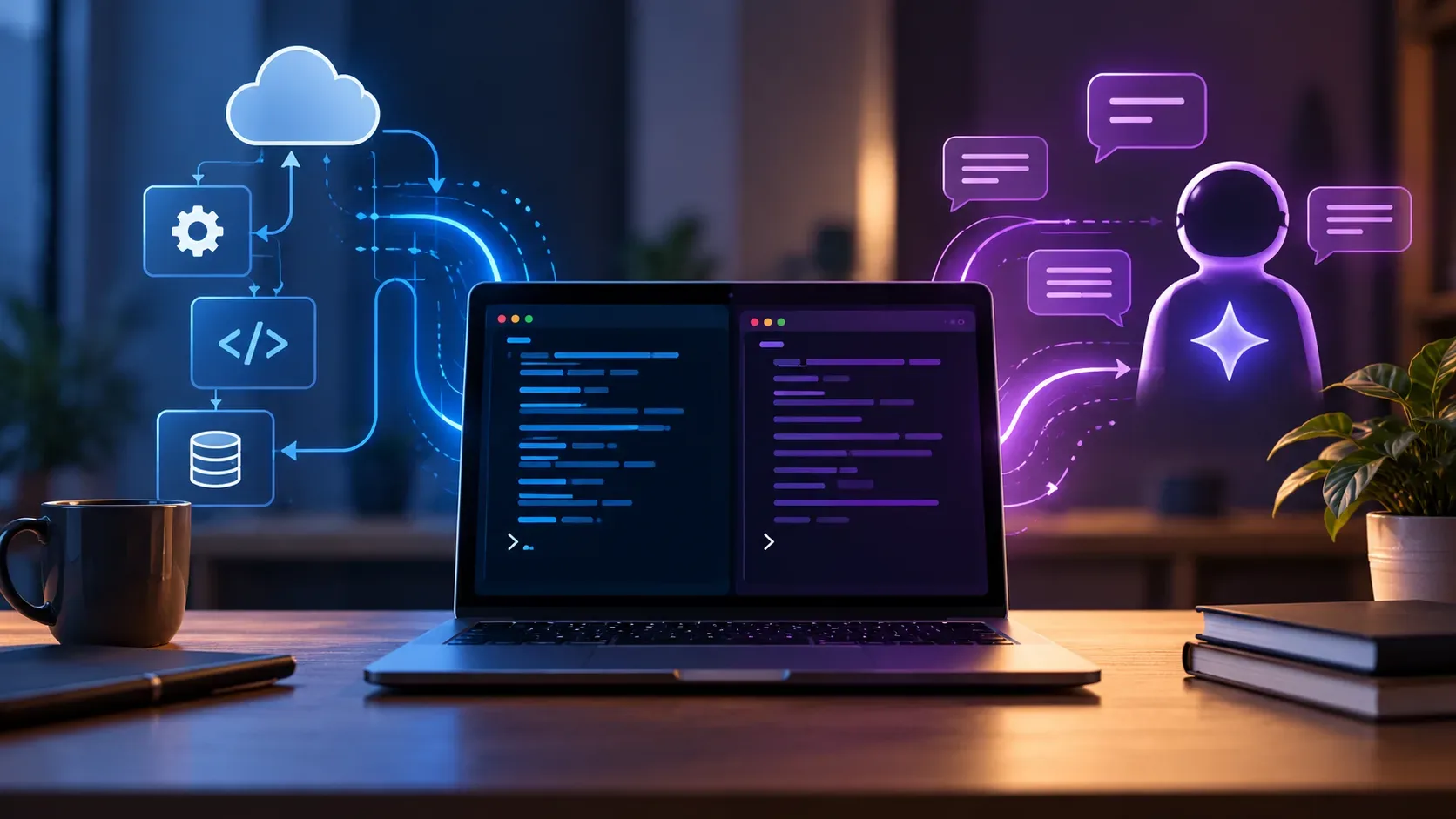 Notebook sobre mesa com tela escura dividida entre linhas azuis de programação e elementos roxos de conversa com IA, cercado por ícones de automação.