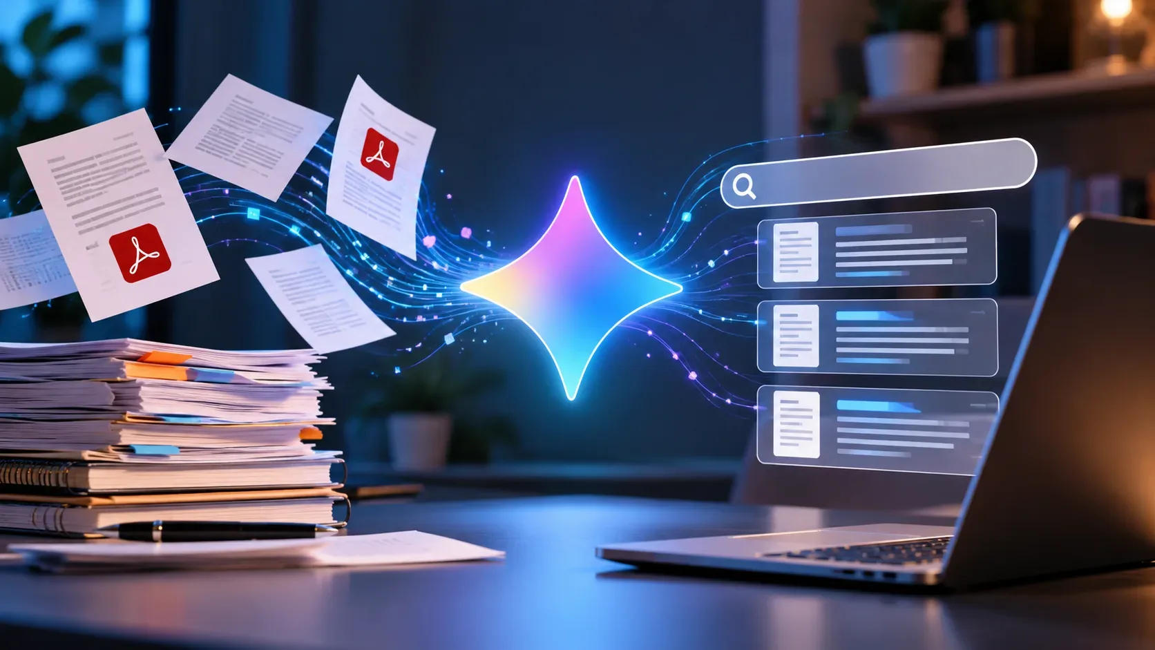 Ilustração de páginas de PDF passando por um símbolo luminoso de IA até resultados de busca ao lado de um notebook.