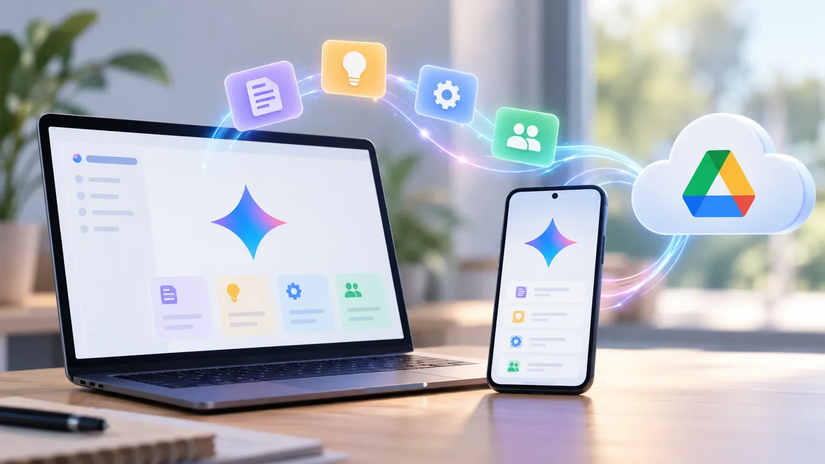 Notebook e smartphone sobre uma mesa exibem símbolos coloridos de inteligência artificial, conectados por linhas luminosas a uma nuvem com o ícone do Google Drive.