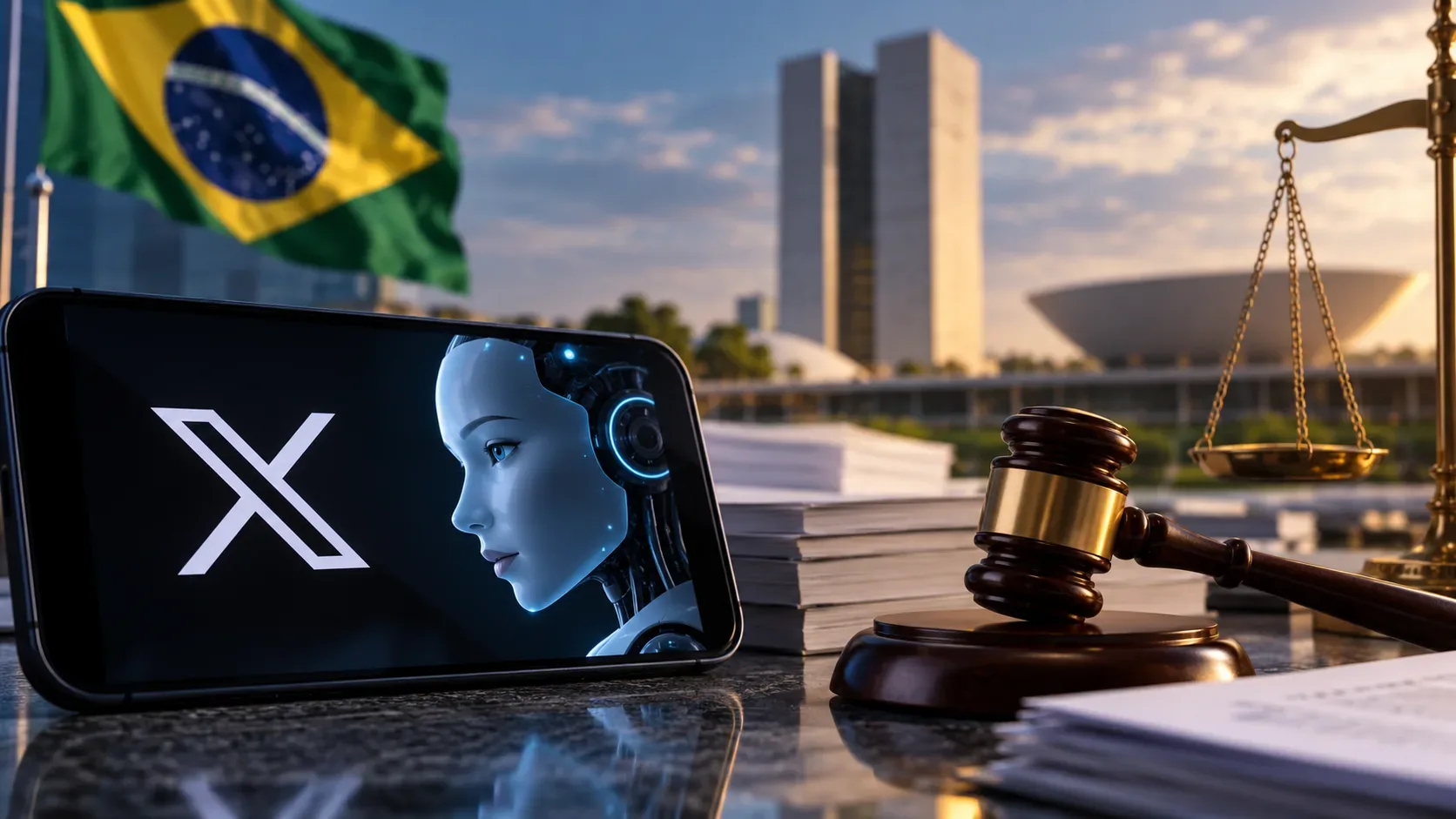 Celular com símbolo do X e rosto robótico, ao lado de martelo e balança da Justiça, com bandeira do Brasil e Congresso Nacional ao fundo.