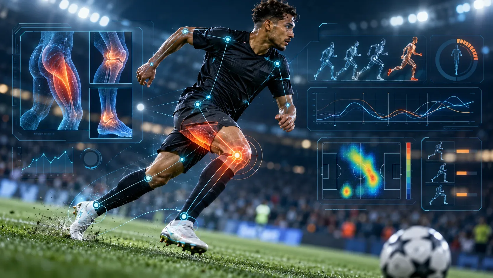 Jogador de futebol correndo em estádio, com ilustrações digitais de articulações, músculos, rastreamento de movimentos e gráficos de análise de risco.