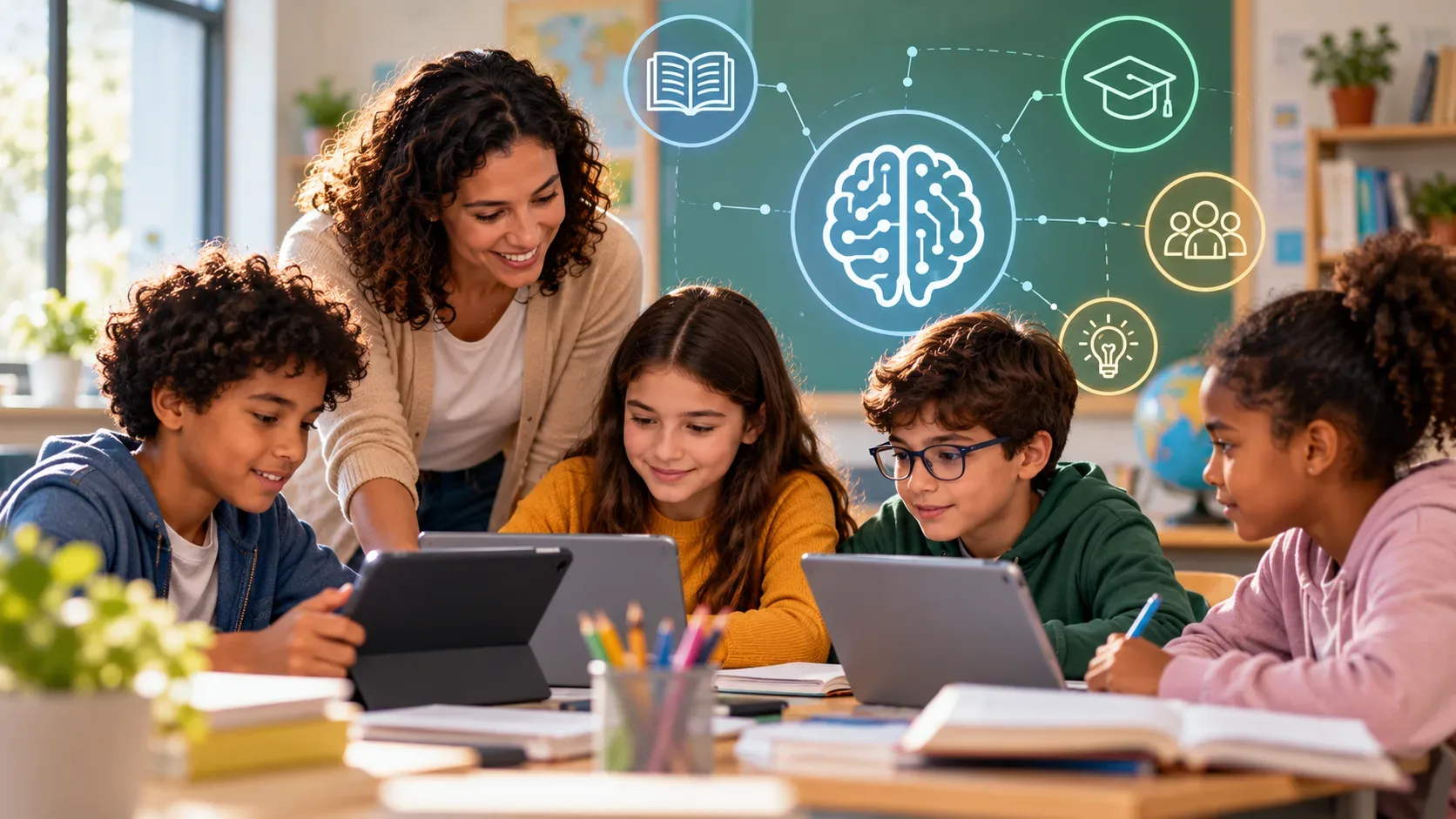 Professora orienta quatro estudantes com tablets, livros e cadernos em sala de aula, com ícones digitais de inteligência artificial ao fundo.