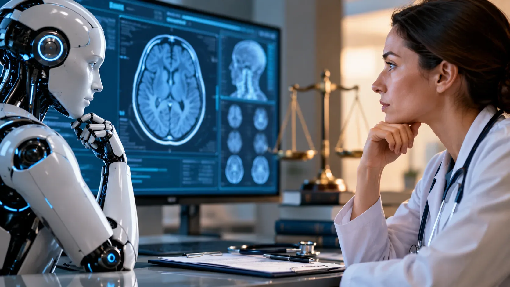 Médica e robô humanoide frente a frente em consultório, com exames cerebrais digitais ao fundo e uma balança dourada desfocada.