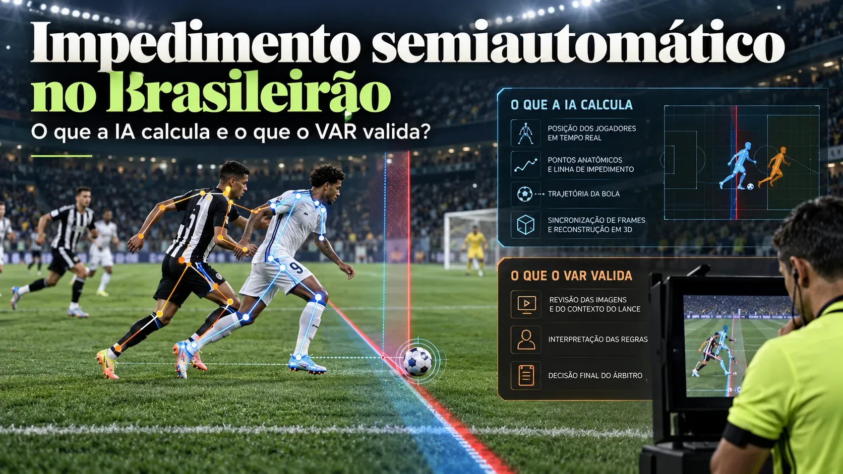 Arte de jogo de futebol com rastreamento digital sobre dois jogadores, linhas de impedimento, painéis explicativos e árbitro diante de monitor do VAR.