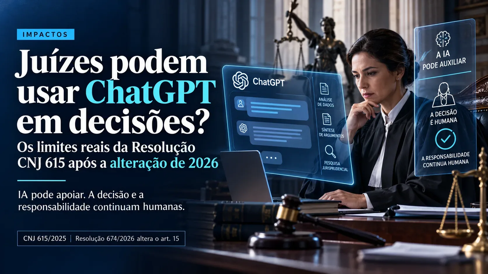 Capa editorial com magistrada diante de notebook, painel digital alusivo ao ChatGPT, balança da Justiça e título sobre os limites da IA em decisões judiciais.