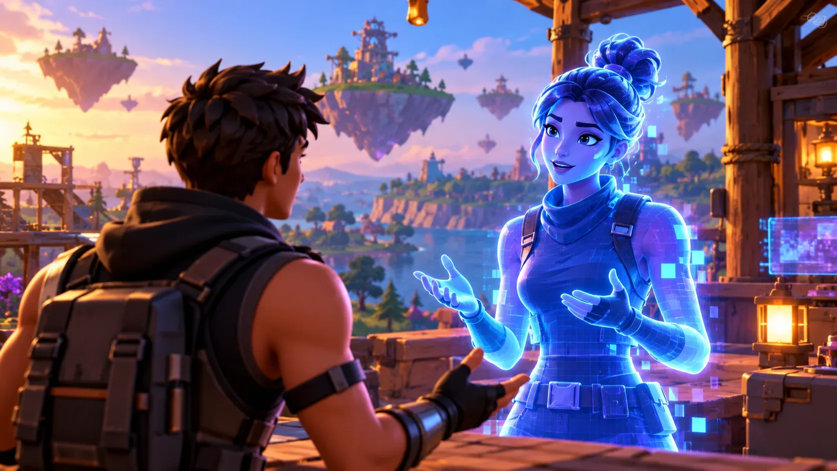 Personagem de jogo visto de costas conversa com uma mulher holográfica azul em cenário fantástico com ilhas flutuantes ao pôr do sol.