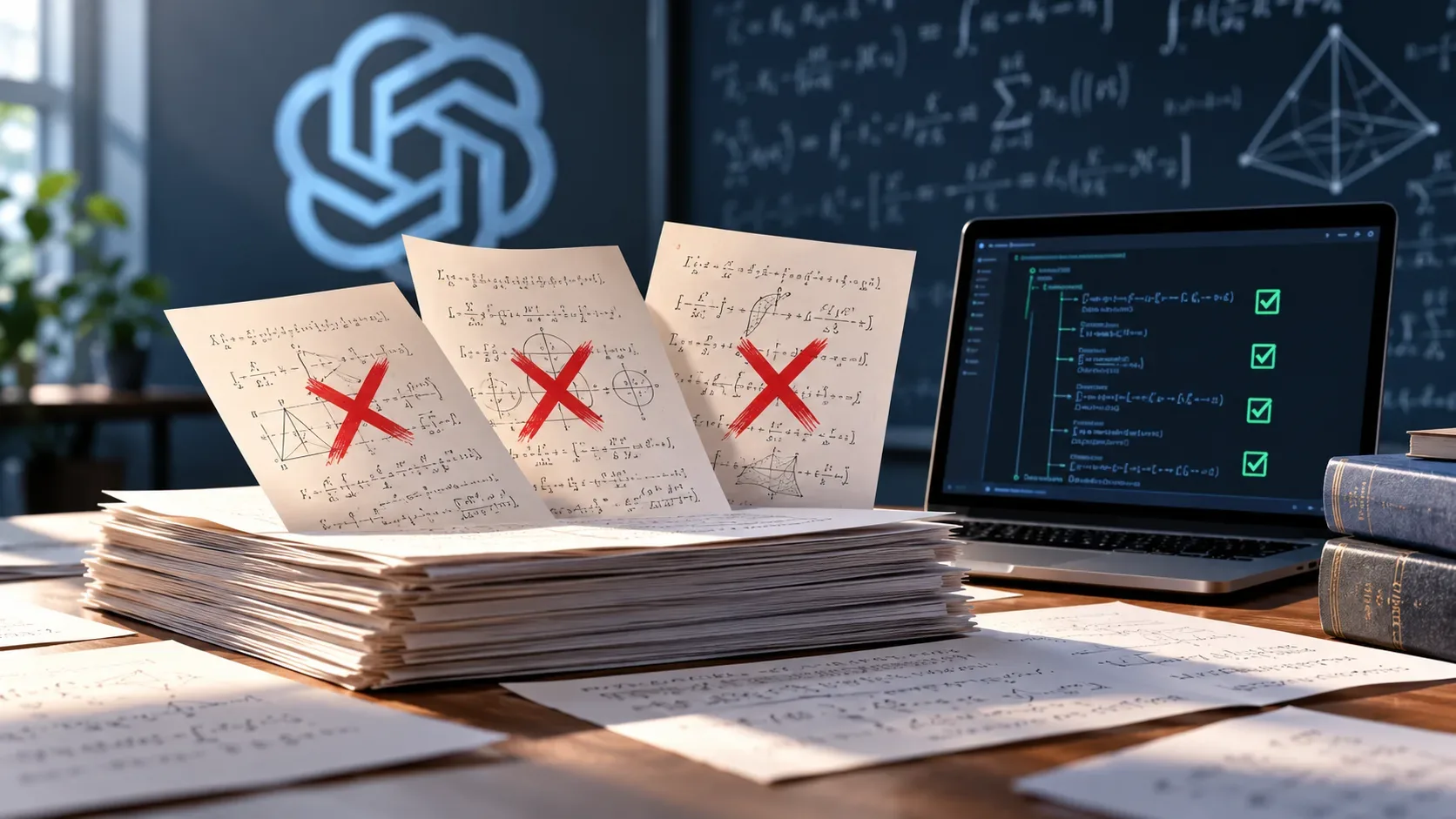 Cena conceitual de três folhas com fórmulas matemáticas riscadas com X vermelhos, diante de um notebook com indicadores verdes de verificação.