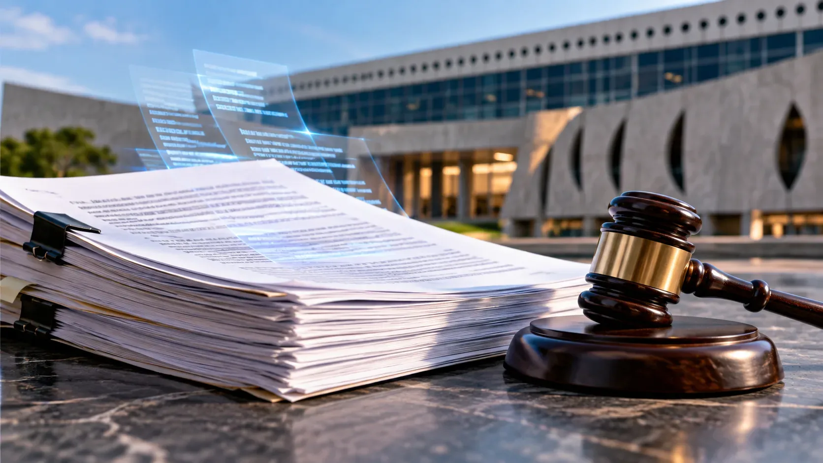 Pilha de petições sobre uma mesa de mármore com martelo judicial à direita, elementos digitais azuis translúcidos e prédio de tribunal ao fundo.