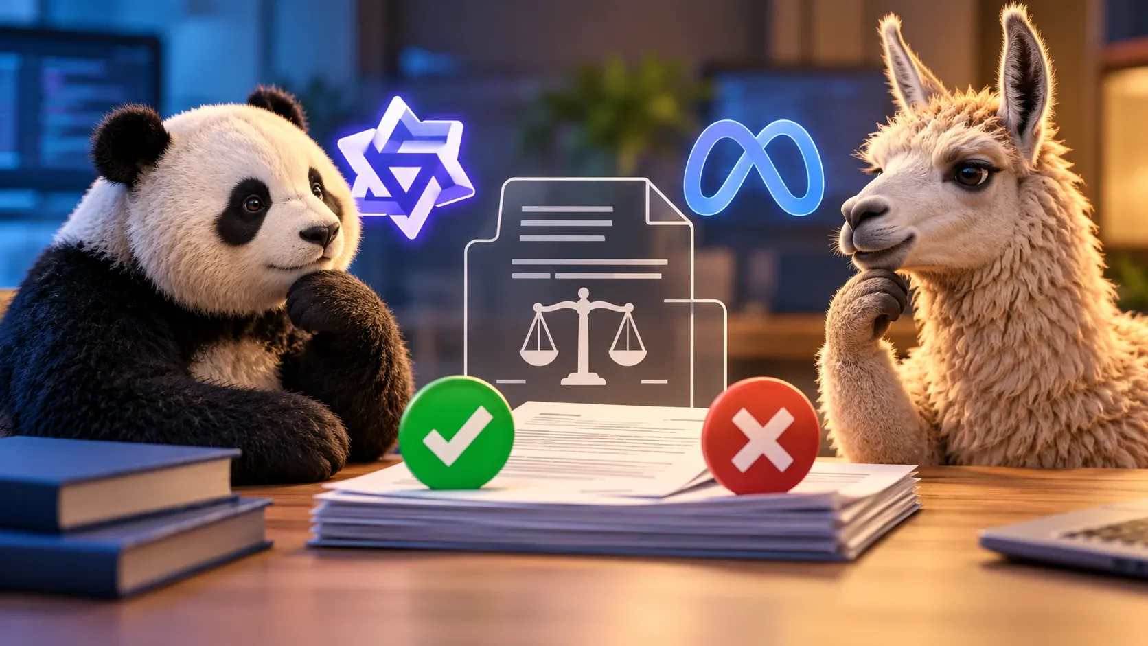 Ilustração de um panda e uma lhama diante de documentos e uma balança, com símbolos de aprovação e restrição sobre a mesa.