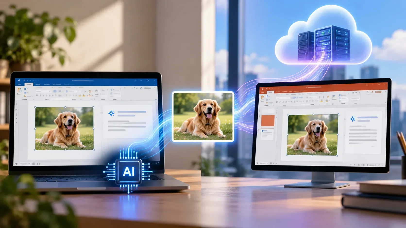 Notebook e monitor exibem a foto de um cachorro, com um chip de IA ilustrado à esquerda e servidores em nuvem à direita.
