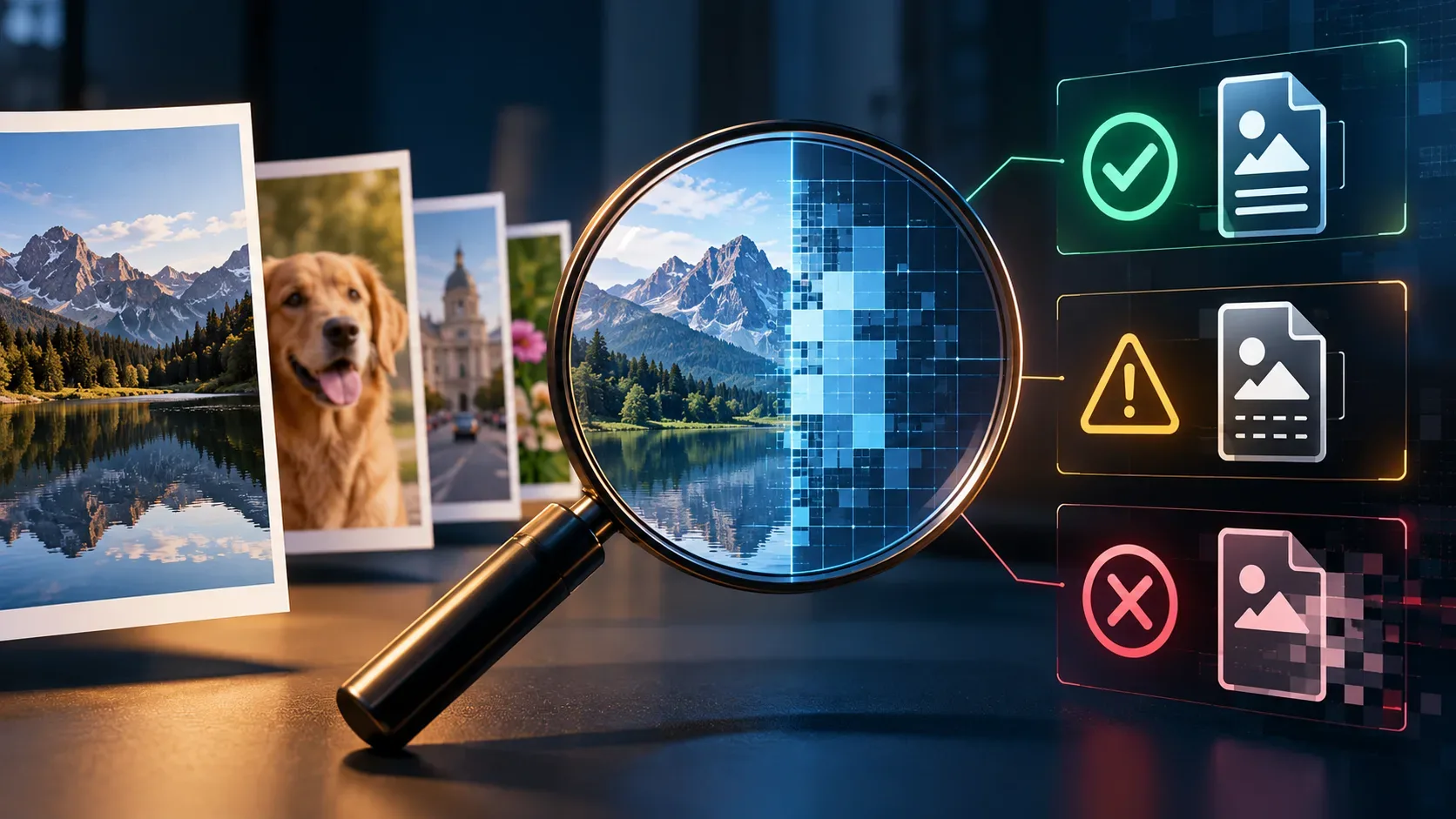 Lupa sobre uma paisagem de montanhas, com metade da imagem convertida em pixels azuis, fotografias ao lado e símbolos luminosos de verificação e alerta.